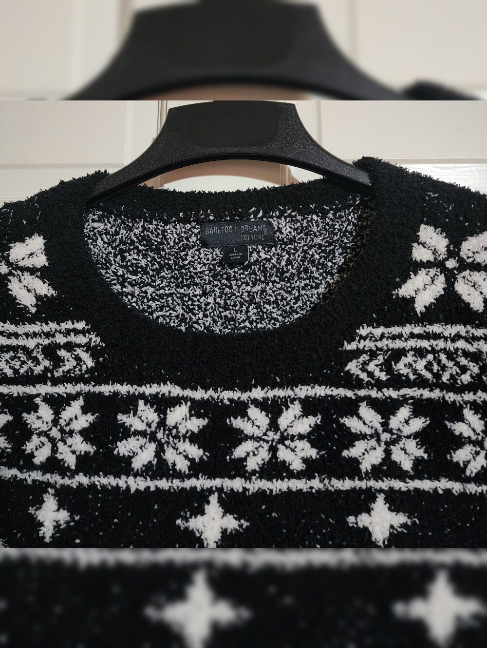 Barefoot Dreams CozyChic Seaside Black Fair Isle Crew Neck Sweater L - Picture 5 of 8